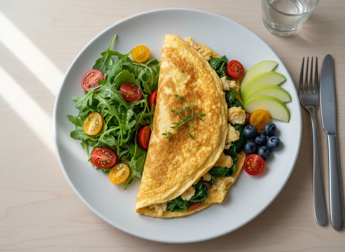 Breakfast Omelette with Arugula Salad and Fruit photo