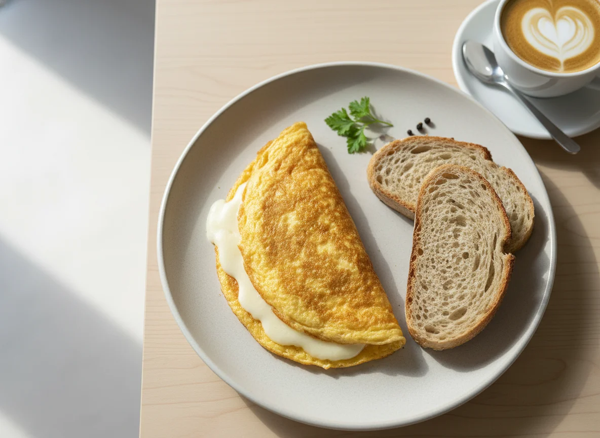 Breakfast Omelette with Bread and Coffee photo