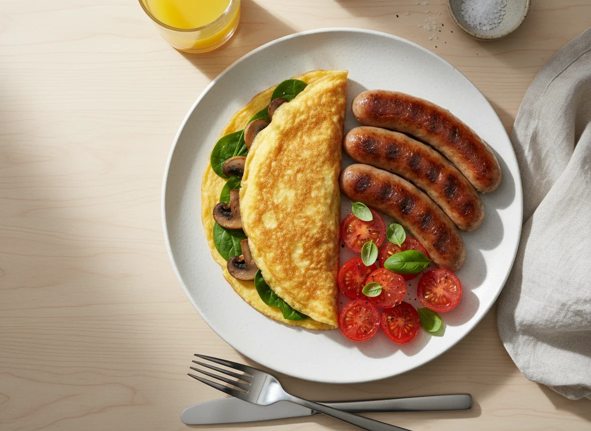 Breakfast Omelette with Sausages and Tomatoes photo