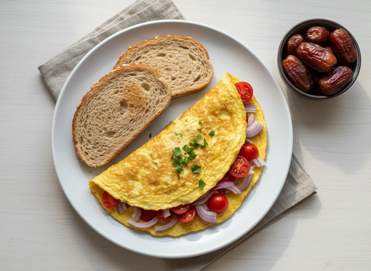 Breakfast Omelette with Toast and Dates photo