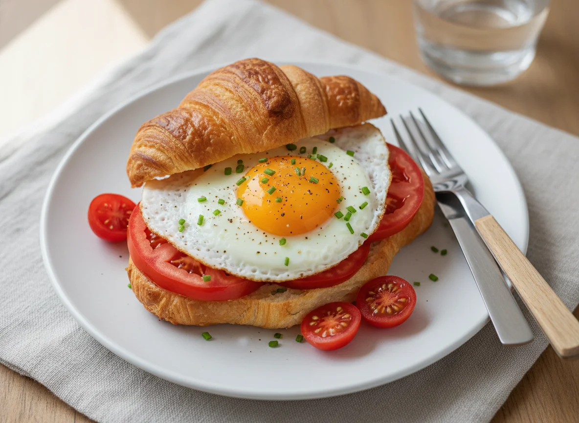 Breakfast pastry with egg and tomatoes photo