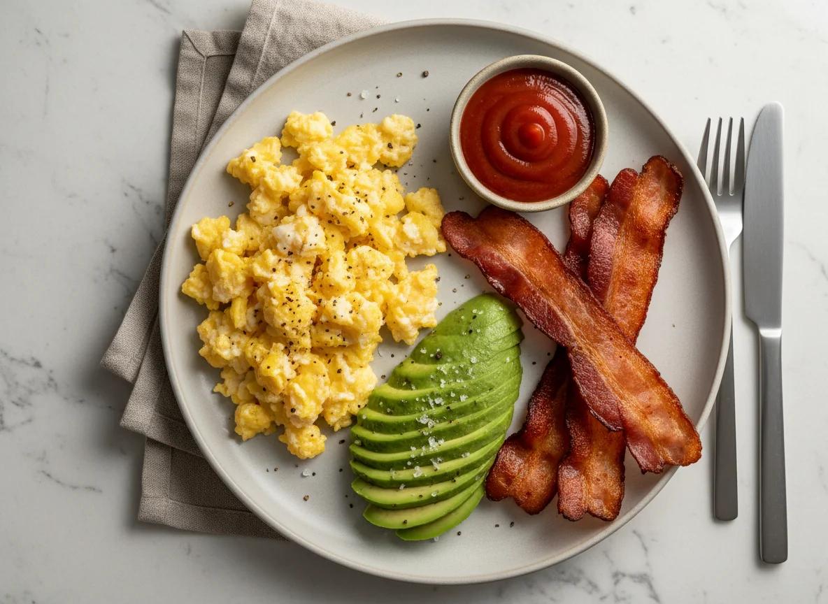 Breakfast Plate with Avocado, Eggs, and Bacon photo