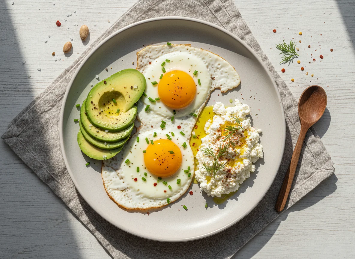 Breakfast plate with avocado, eggs, and cottage cheese photo