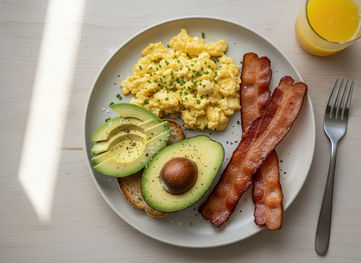 Breakfast Plate with Avocado, Scrambled Eggs, and Bacon photo