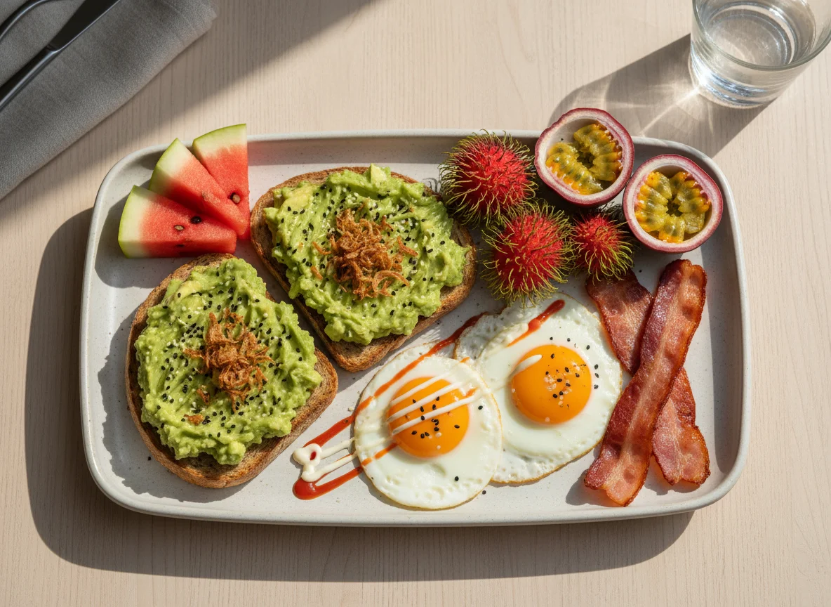 Breakfast plate with avocado toast, eggs, bacon, and fruit photo