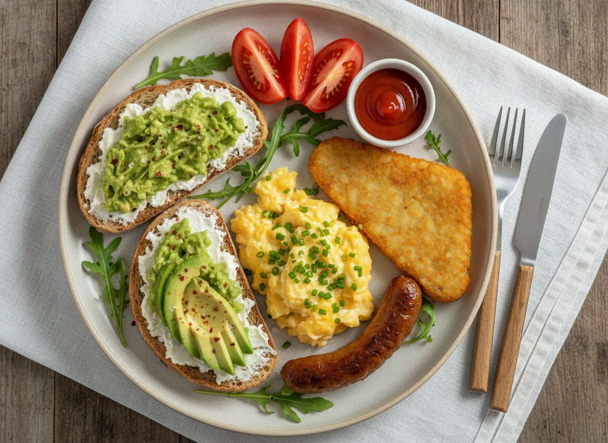 Breakfast Plate with Avocado Toast, Scrambled Eggs, and Sausage photo