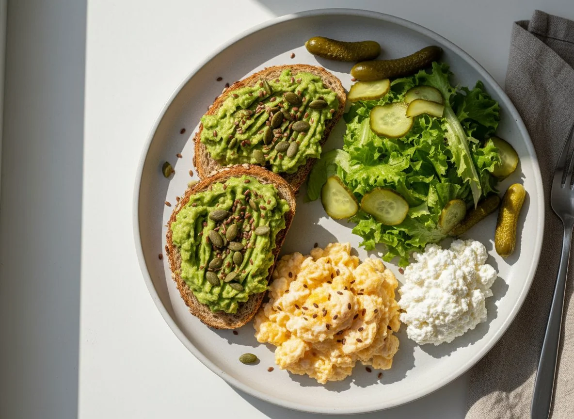 Breakfast plate with avocado toast, scrambled eggs, cottage cheese, salad, and pickles photo