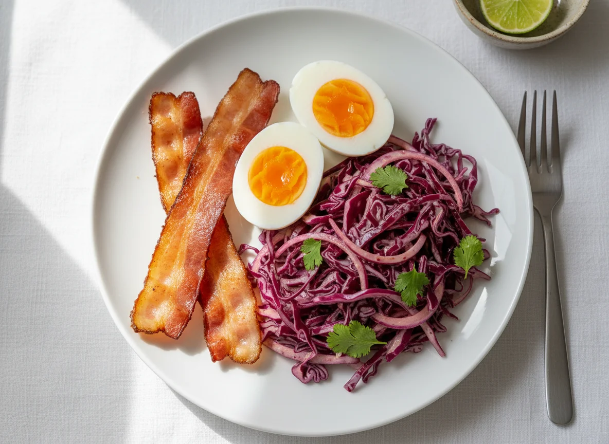 Breakfast plate with bacon, eggs, and coleslaw photo