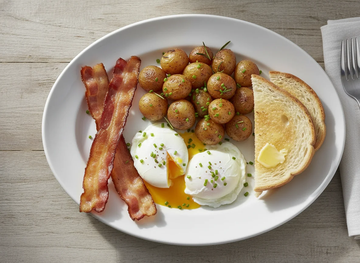 Breakfast Plate with Bacon, Eggs, Potatoes, and Toast photo