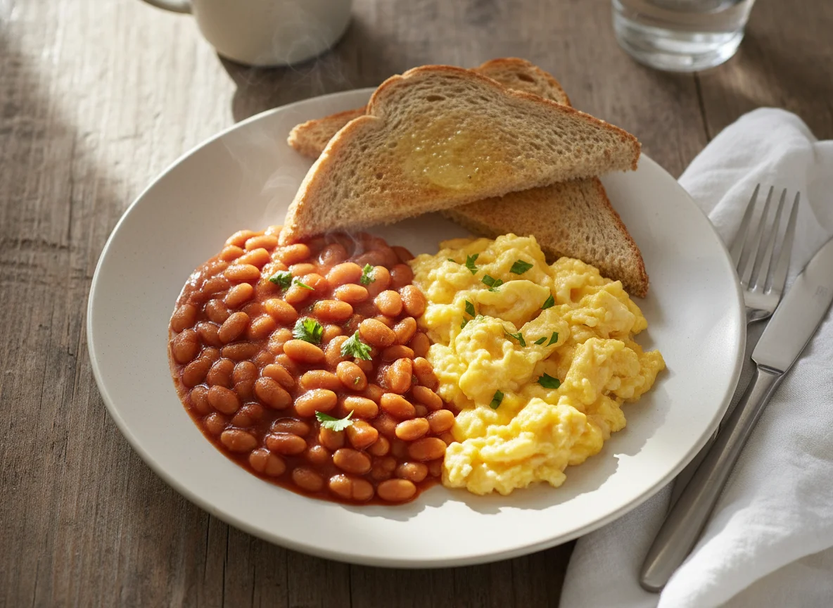 Breakfast plate with baked beans, scrambled eggs, and toast photo