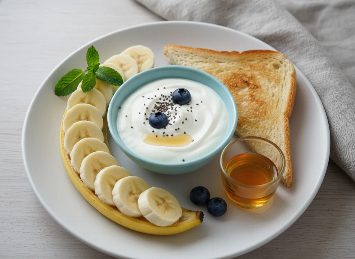 Breakfast plate with banana, yogurt, and toast photo