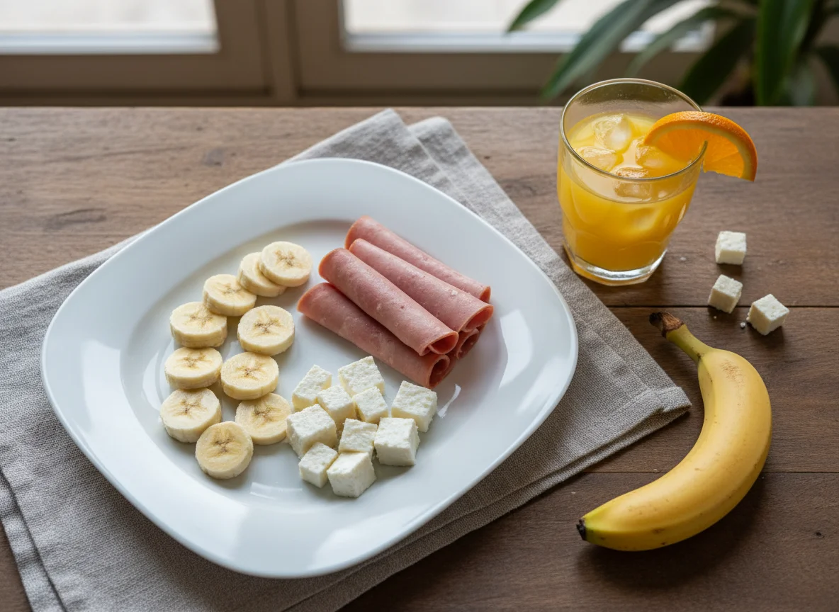 Breakfast plate with bananas, bologna, cheese, and orange juice photo