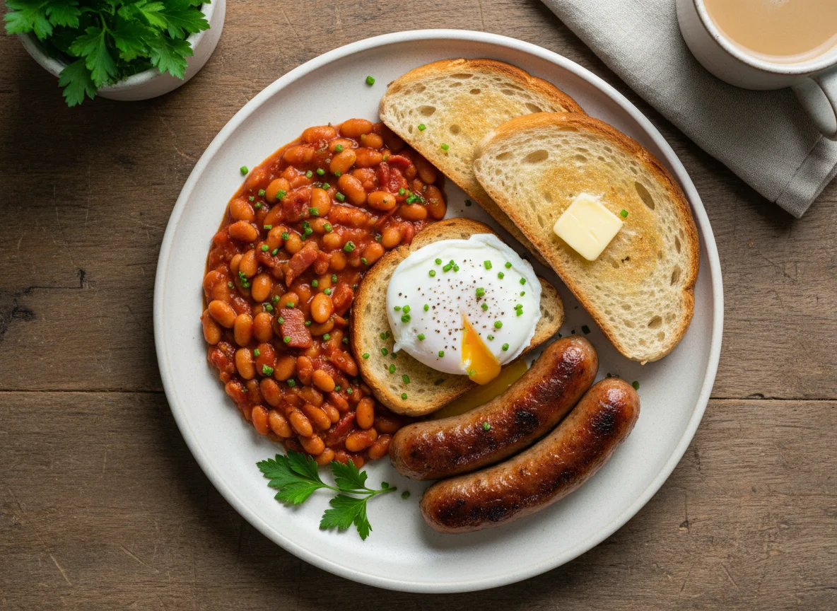 Breakfast plate with beans, egg, sausage and toast photo