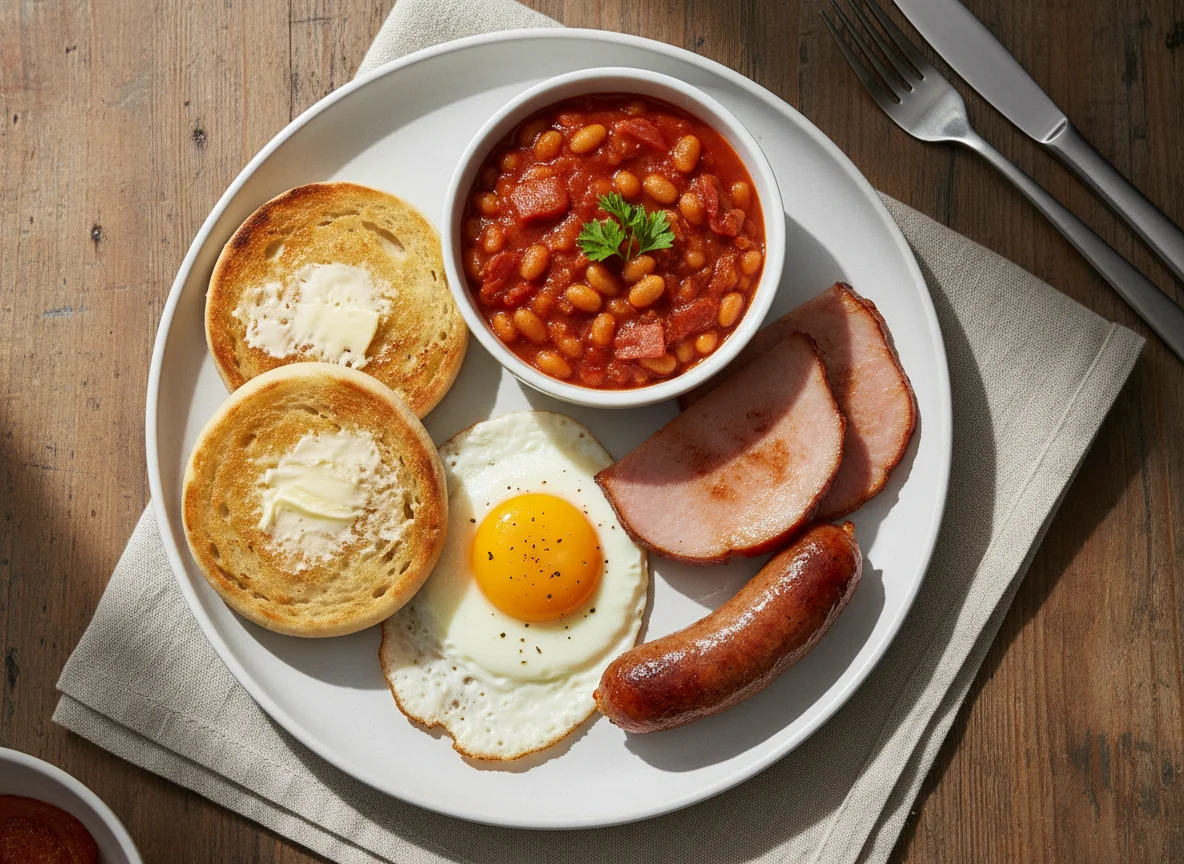 Breakfast Plate with Beans, Eggs, and Ham photo