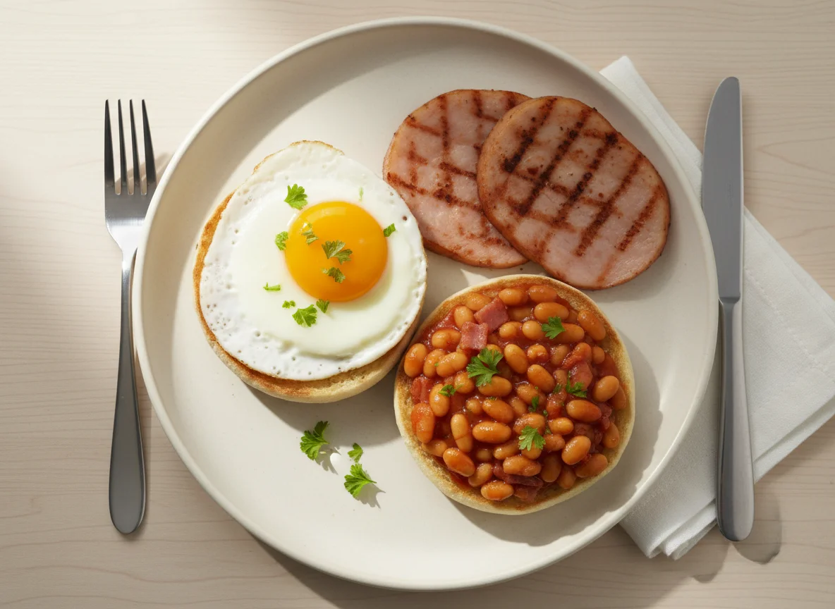 Breakfast Plate with Beans, Eggs, and Turkey Ham photo