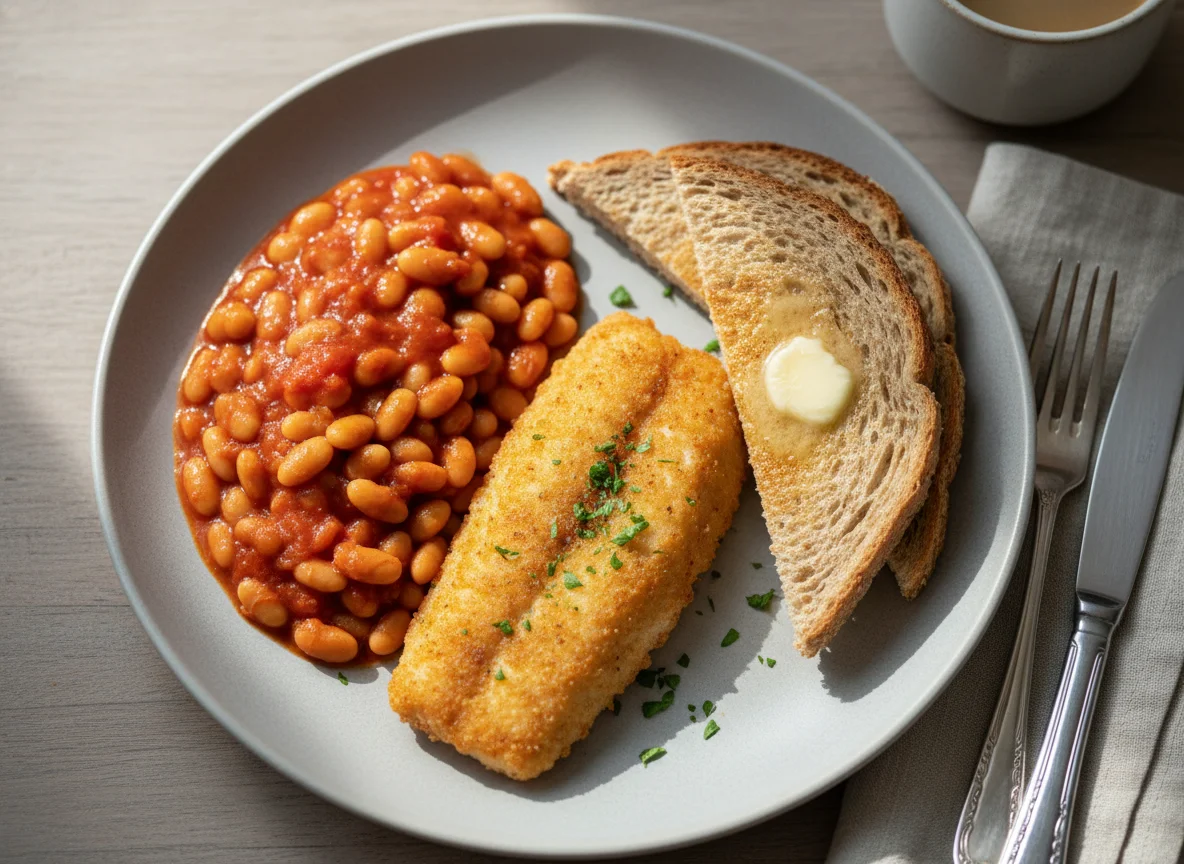 Breakfast Plate with Beans, Toast, and Fried Item photo