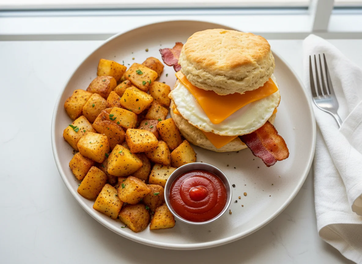 Breakfast Plate with Biscuit Sandwich and Home Fries photo