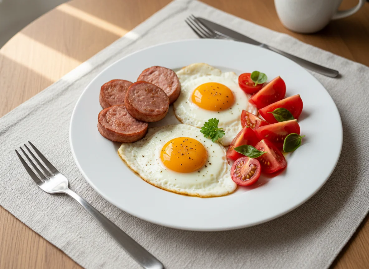 Breakfast Plate with Bologna, Eggs, and Tomatoes photo