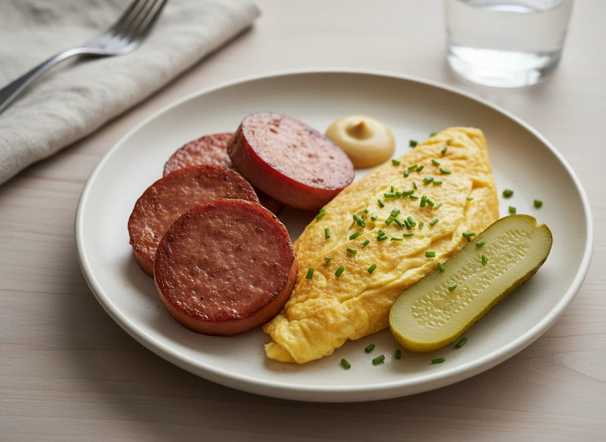 Breakfast Plate with Bologna, Omelette, and Pickle photo