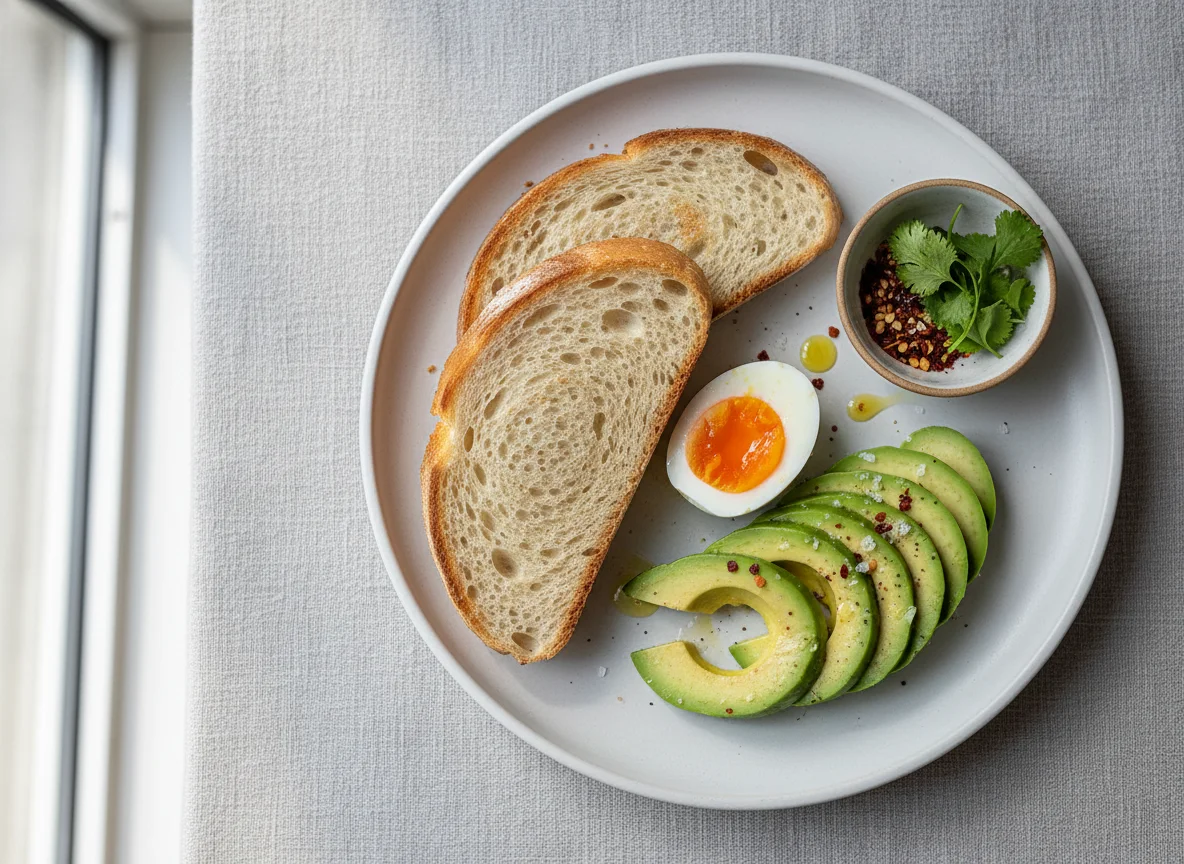 Breakfast plate with bread, avocado, and eggs photo