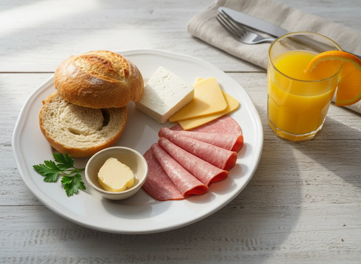 Breakfast plate with bread, cheese, bologna, and orange juice photo