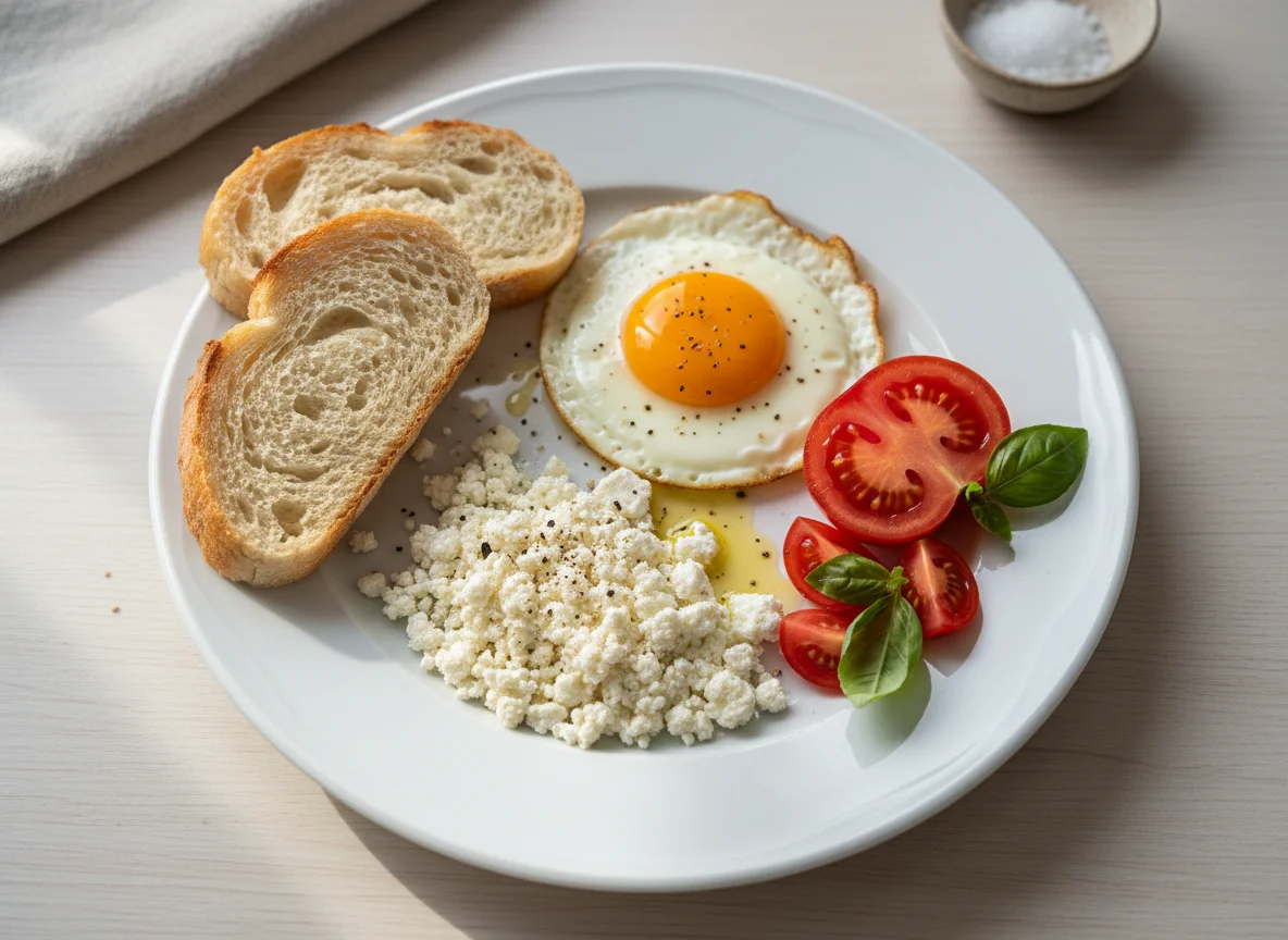 Breakfast Plate with Bread, Cheese, Egg, and Tomatoes photo