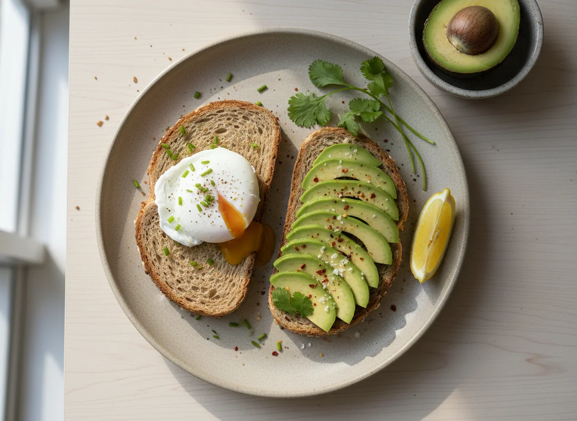 Breakfast plate with bread, eggs, and avocado photo