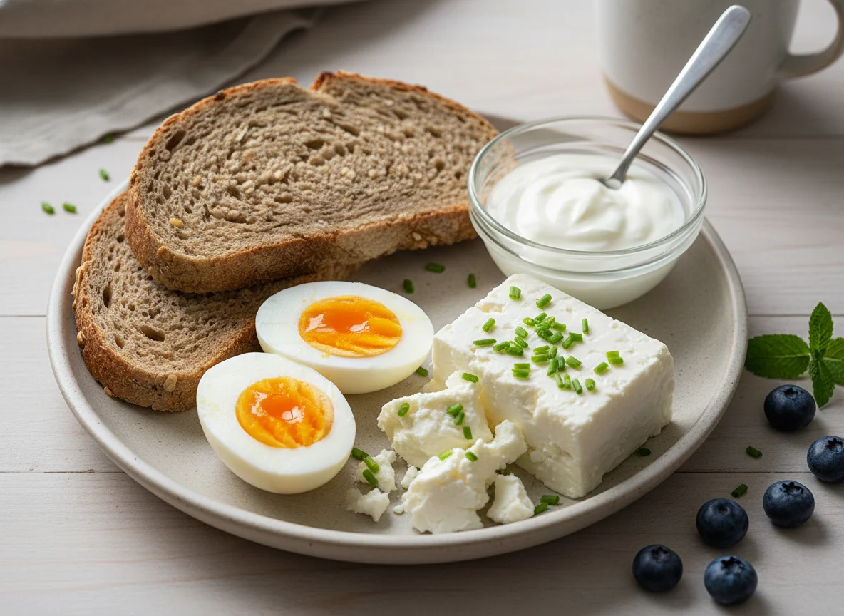Breakfast plate with bread, eggs, and cheese photo