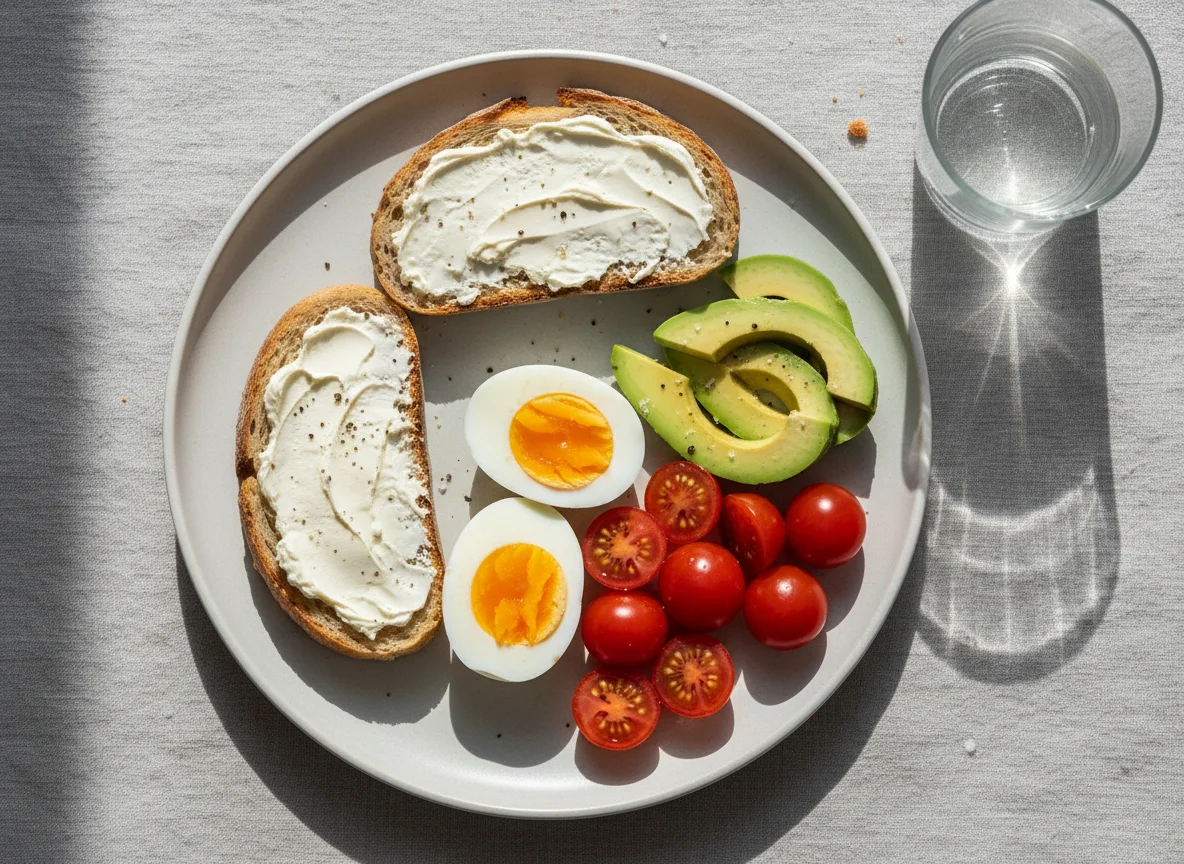 Breakfast plate with bread, eggs, avocado, and tomatoes photo