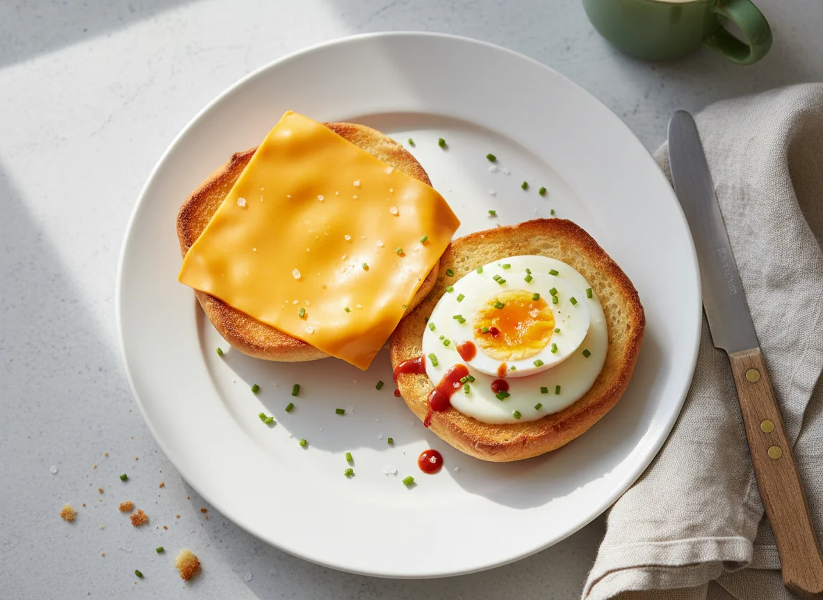 Breakfast plate with brioche bun, cheese, and egg photo
