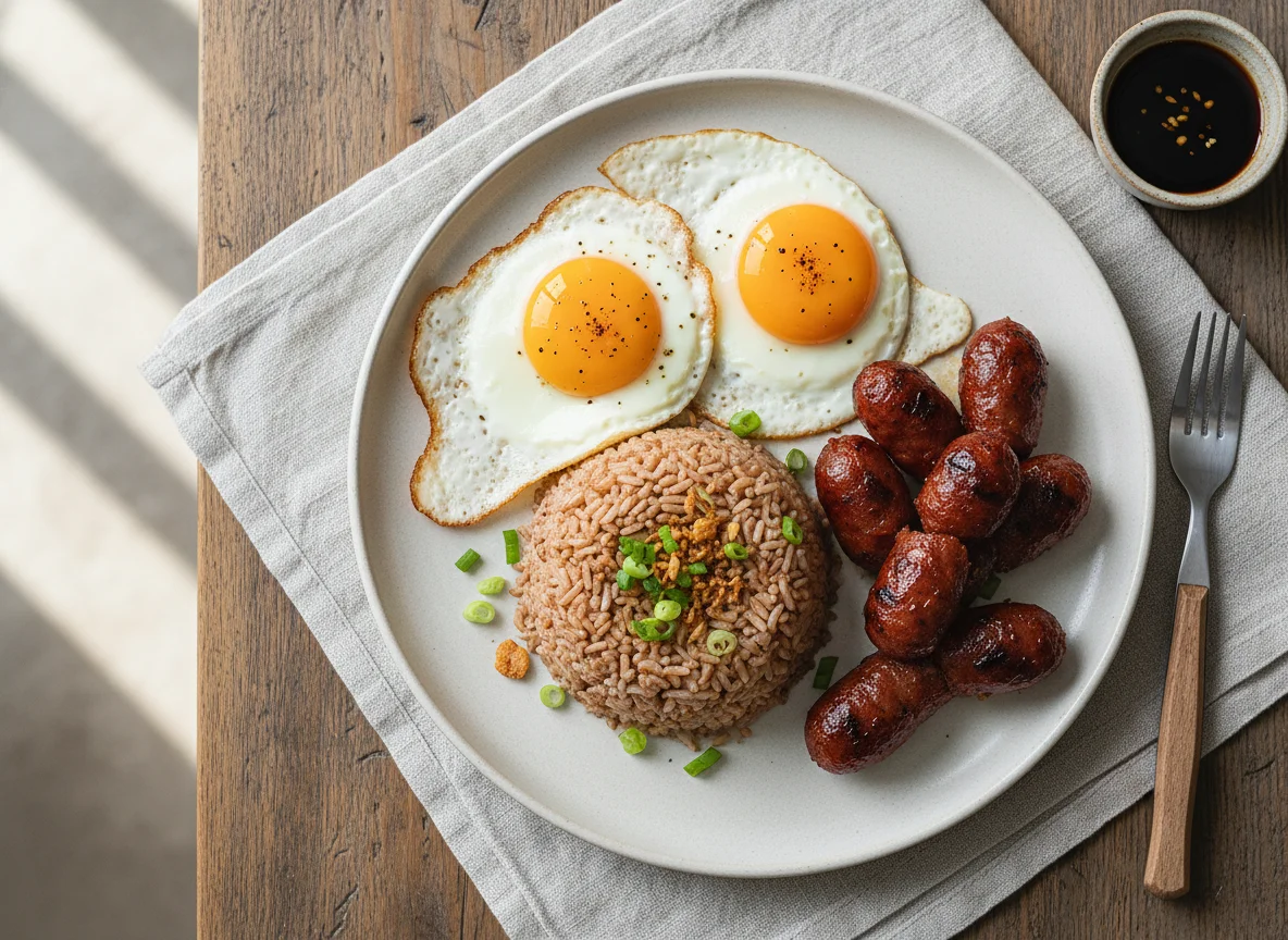 Breakfast Plate with Brown Rice, Fried Eggs, and Cured Meat photo