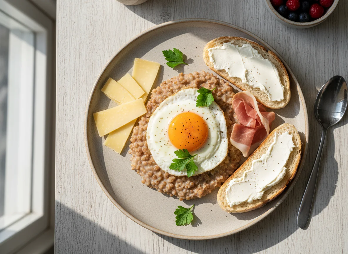 Breakfast plate with buckwheat, egg, cheese, and bread photo