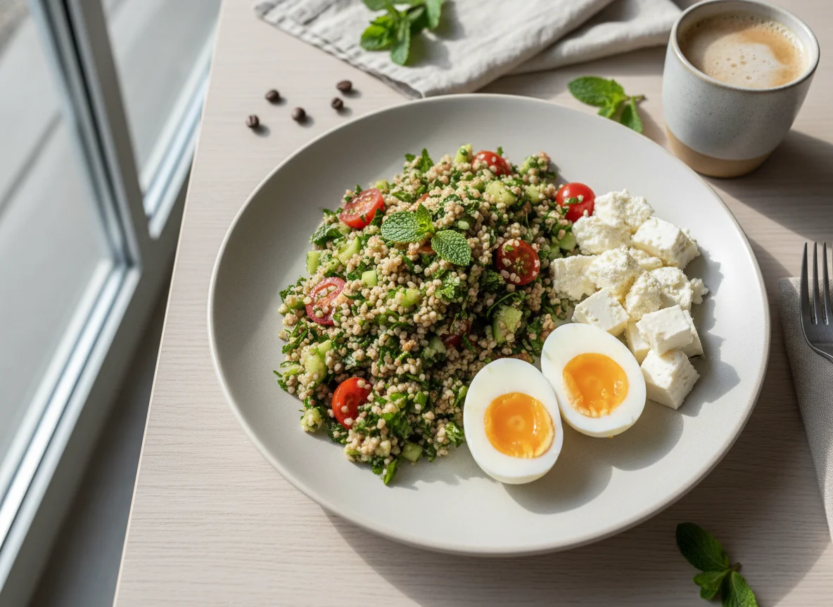 Breakfast plate with bulgur salad, boiled eggs, cheese, and coffee photo