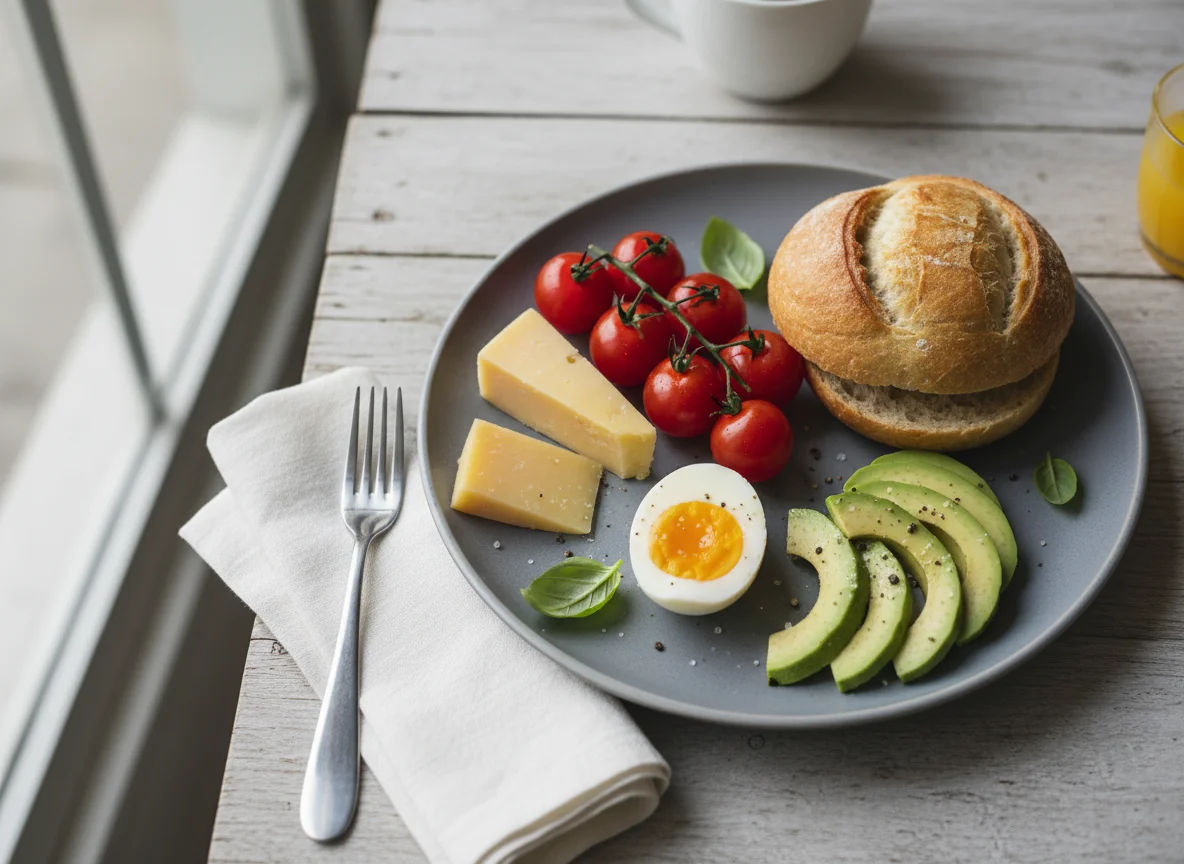 Breakfast plate with cheese, eggs, avocado, and tomatoes photo