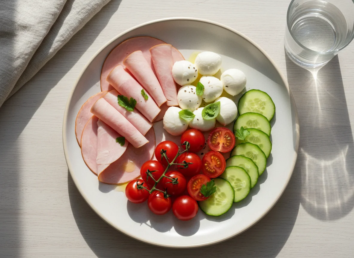 Breakfast plate with cold cuts, cheese, and vegetables photo