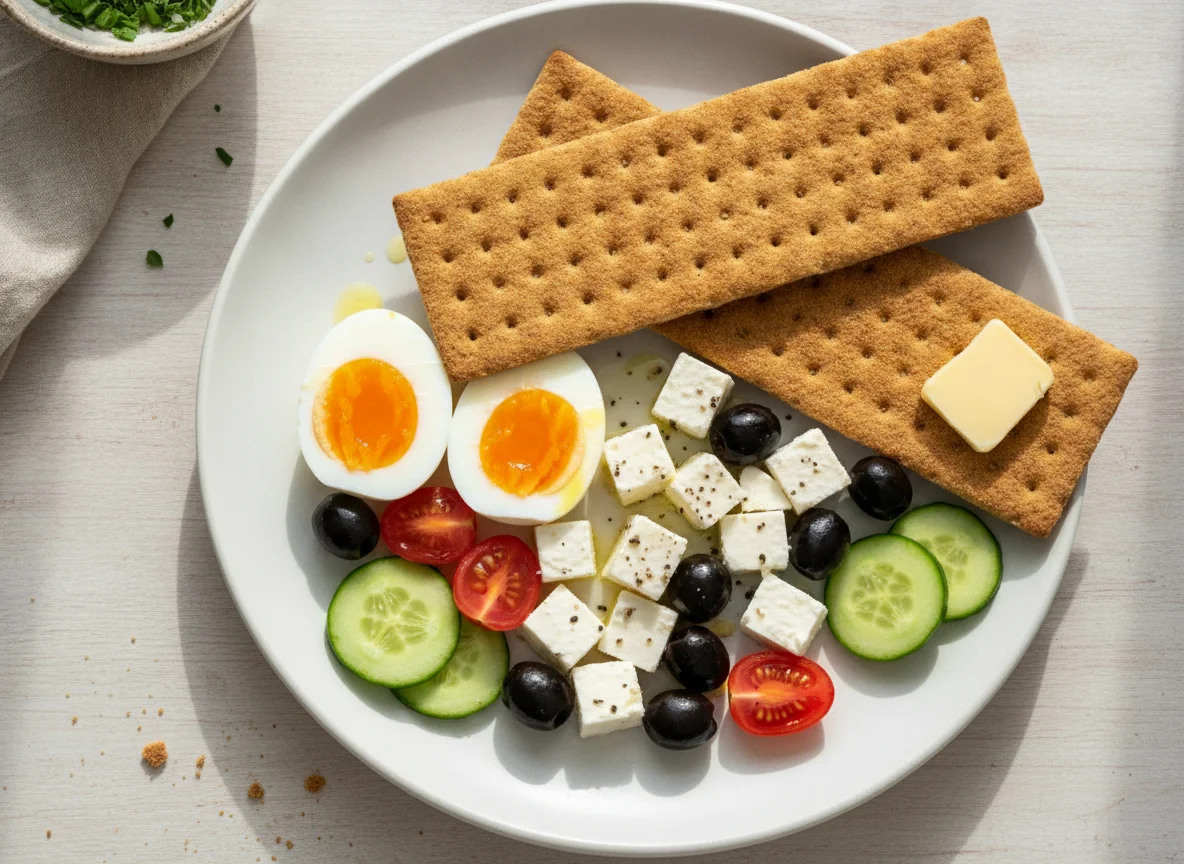 Breakfast plate with crispbread, eggs, and vegetables photo