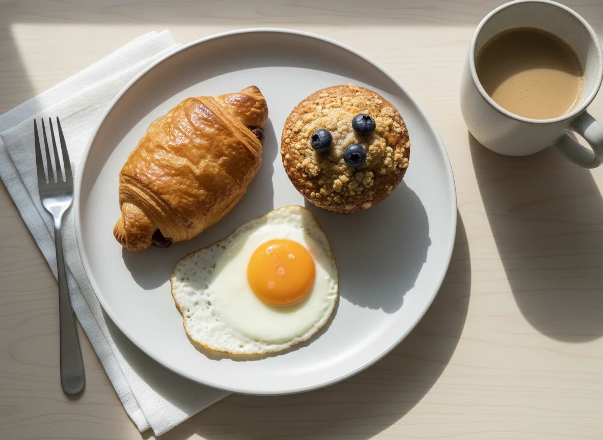 Breakfast plate with croissant, egg, and muffin photo