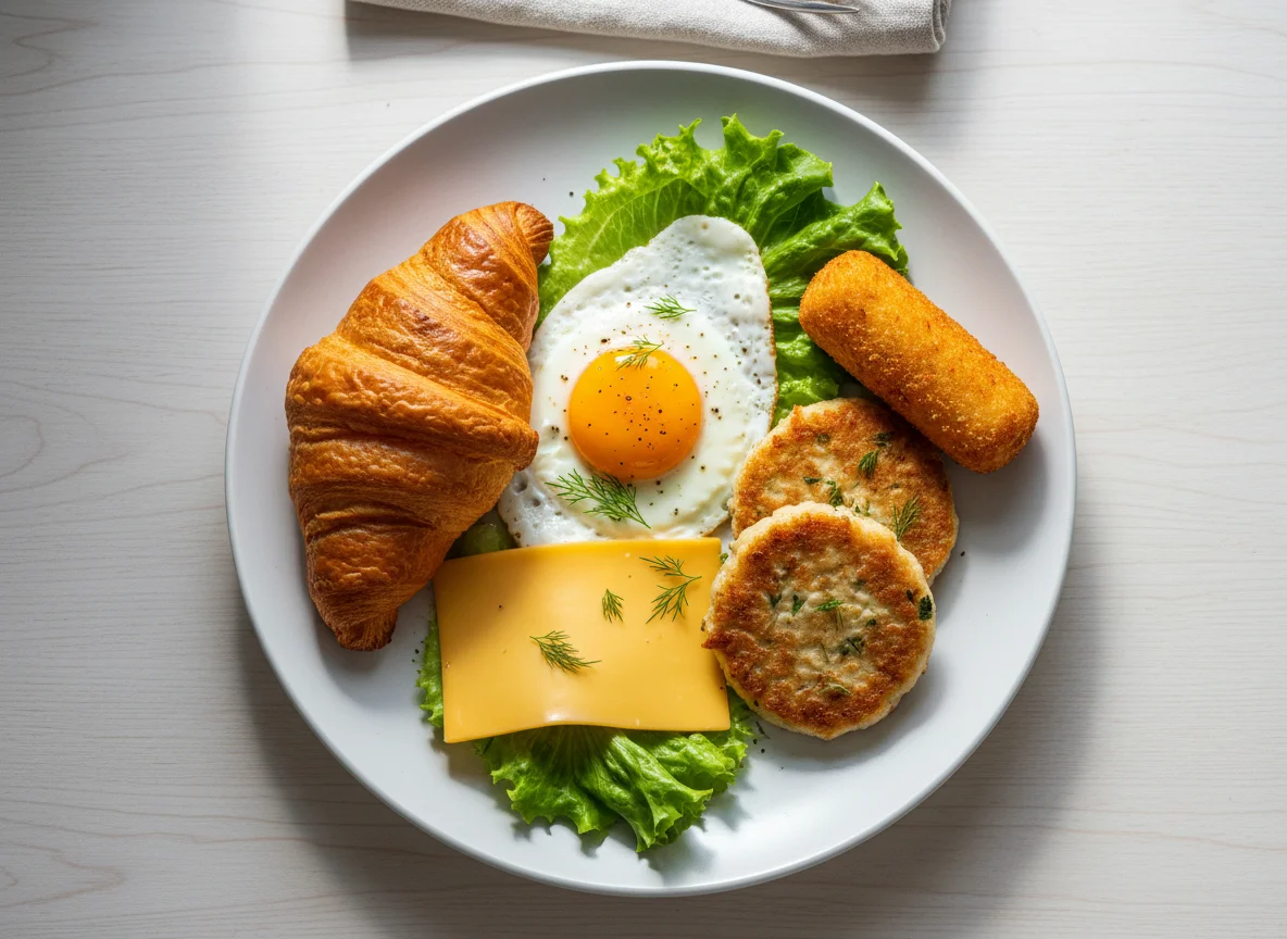 Breakfast plate with croissant, egg, cheese, lettuce and fried item photo