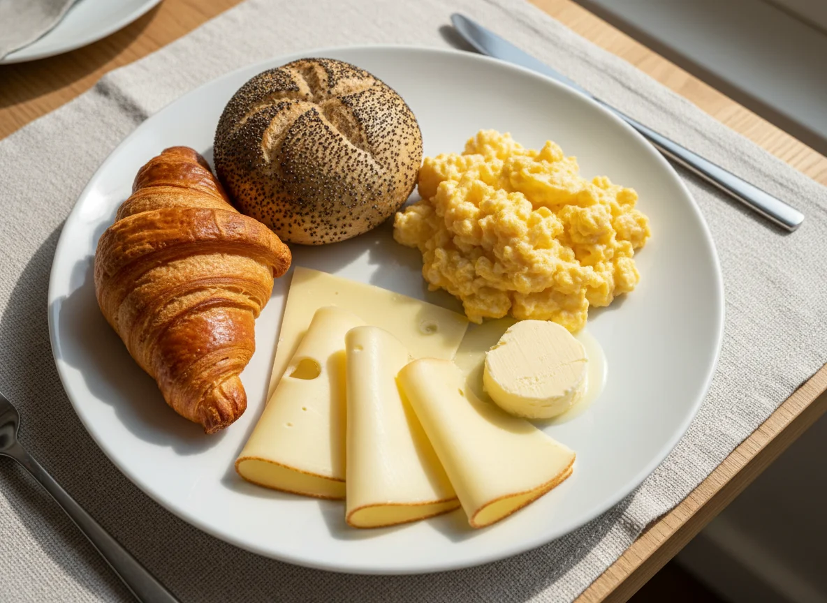 Breakfast plate with croissant, roll, cheese, scrambled eggs, and butter photo