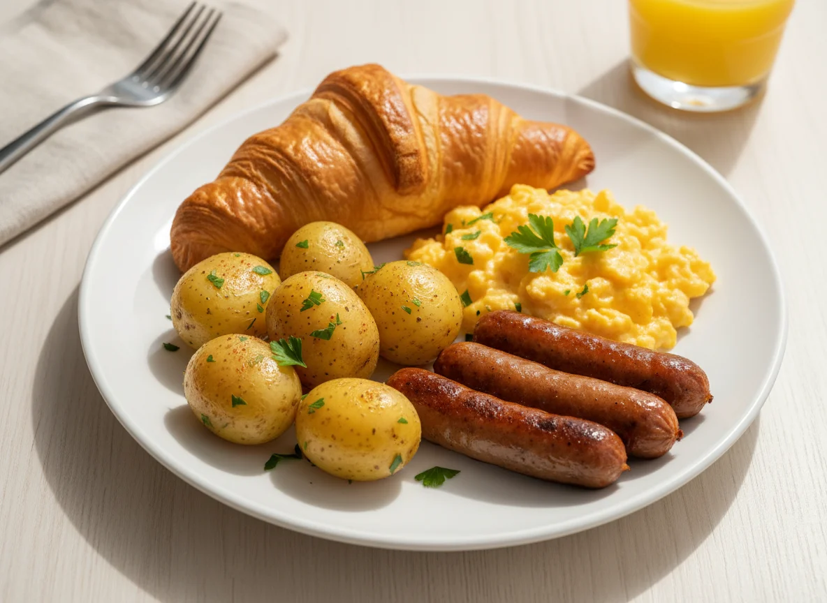 Breakfast plate with croissant, scrambled eggs, potatoes, and sausages photo