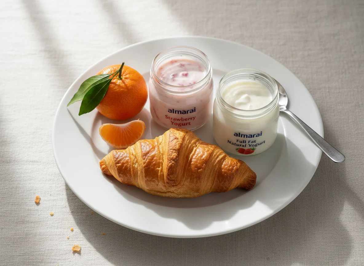 Breakfast Plate with Croissant, Yogurts, and Tangerine photo