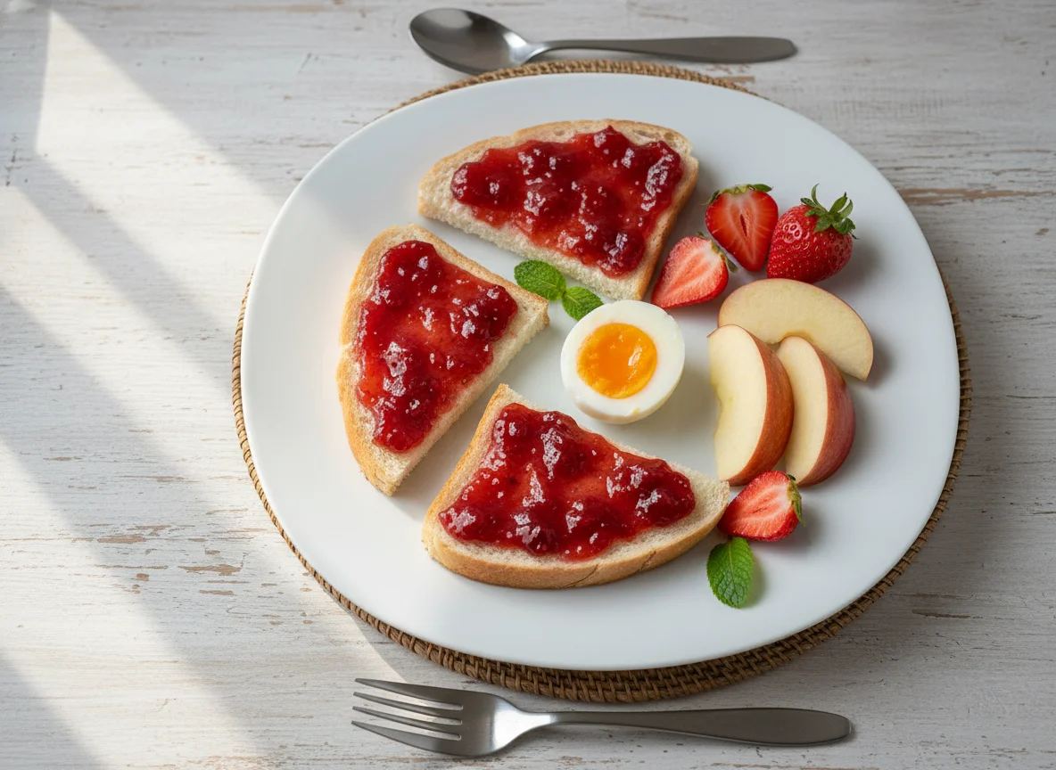 Breakfast plate with egg, apple, and jam on toast photo