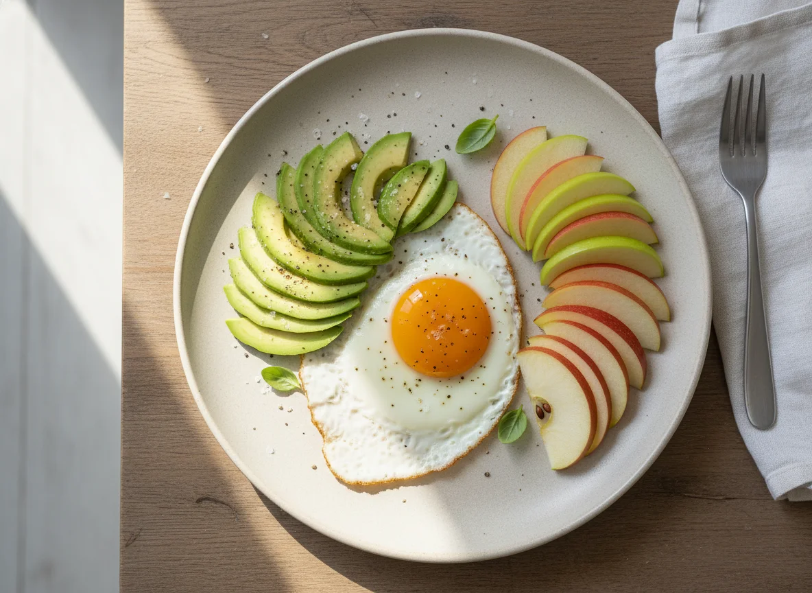 Breakfast Plate with Egg, Avocado, and Apple photo