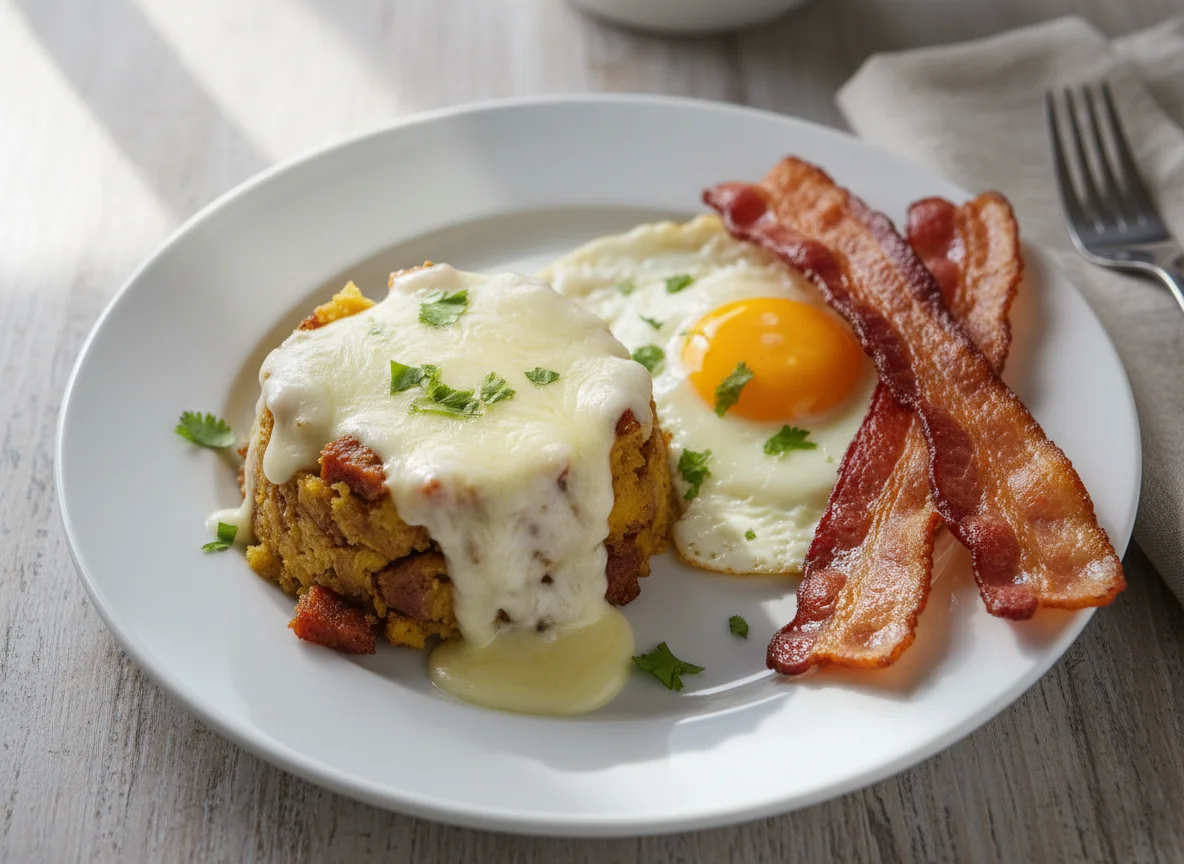 Breakfast Plate with Egg, Bacon, and Mofongo with Cheese photo