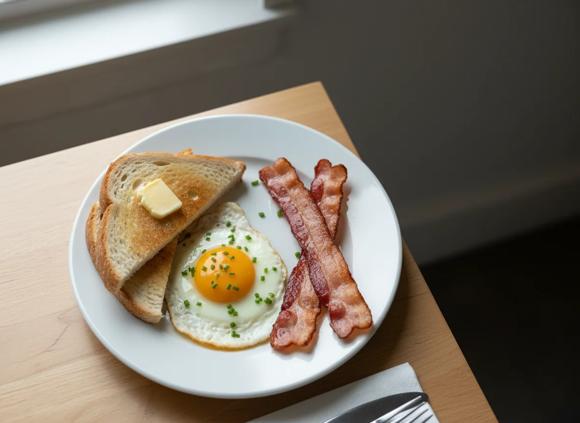 Breakfast Plate with Egg, Bacon, and Toast photo