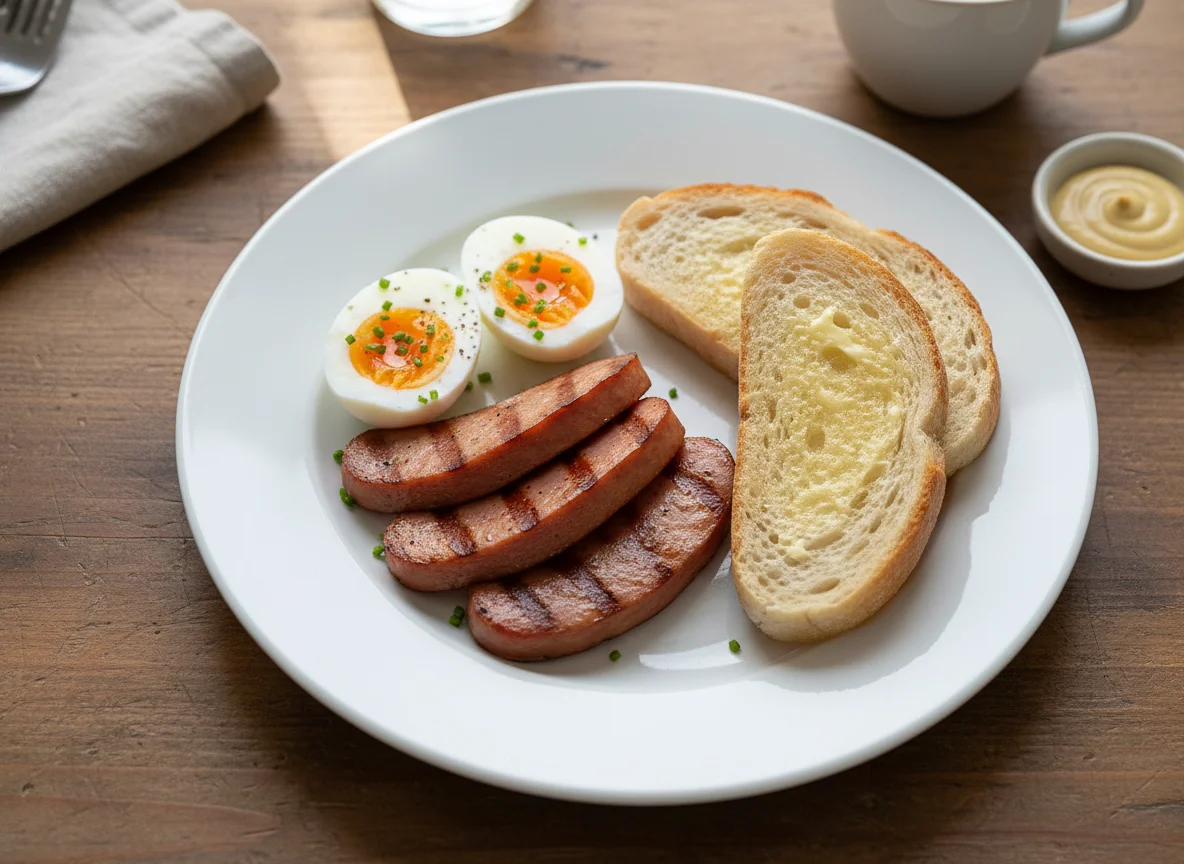 Breakfast Plate with Egg, Bologna, and Bread photo