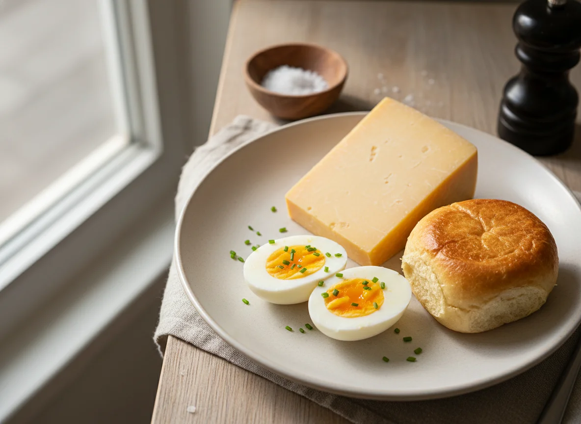 Breakfast plate with egg, cheese, and bun photo