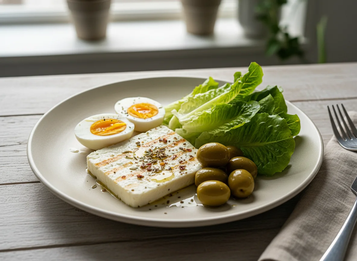 Breakfast Plate with Egg, Cheese, Olives, and Lettuce photo