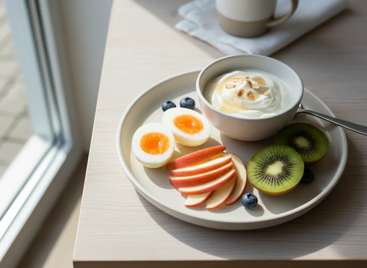 Breakfast plate with egg, fruit, and yogurt photo