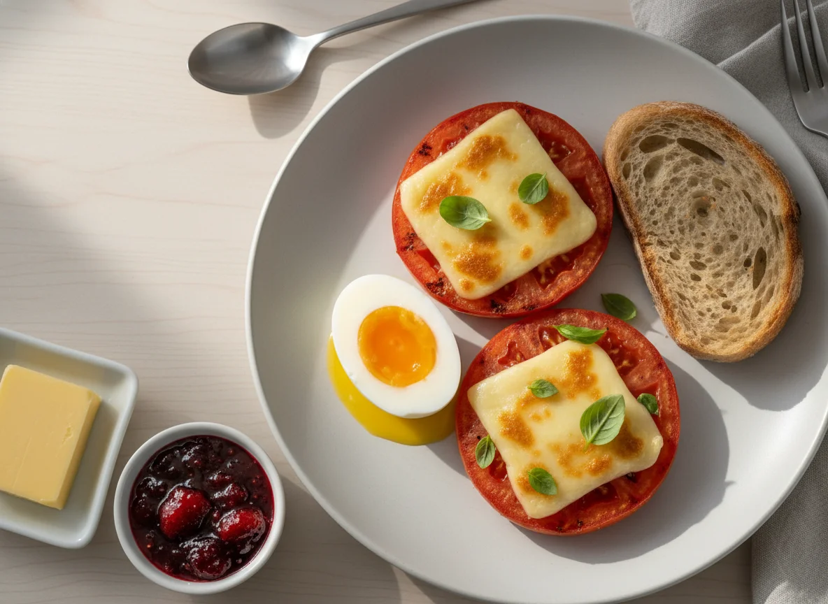 Breakfast plate with egg, grilled tomato, butter, and jam photo